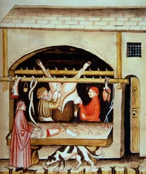 Nova 2644 fol.79r Die Metzger: Entfernen der Euter, aus Tacuinum Sanitatis